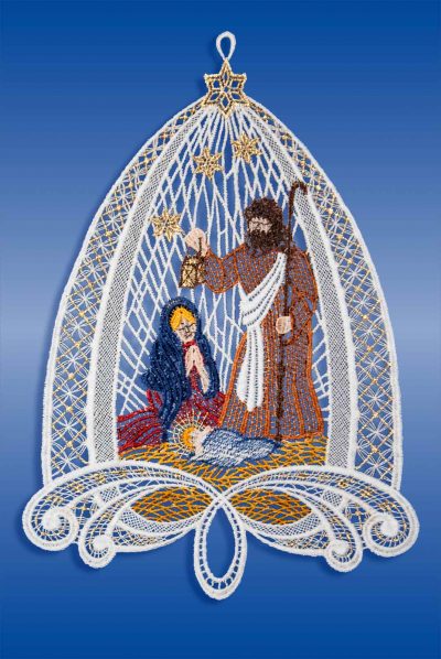 Plauener Spitze Fensterbild Christi Geburt bunt