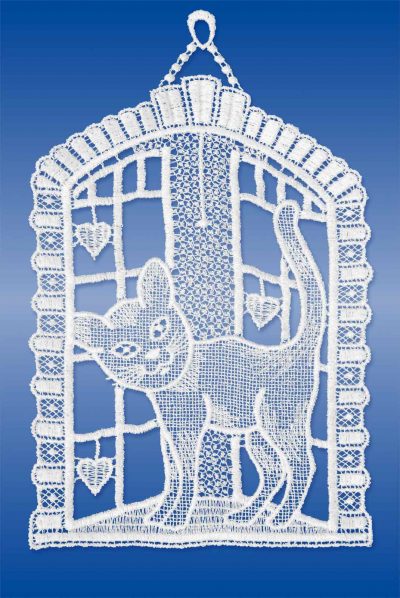 Plauener Spitze Fensterbild Katze