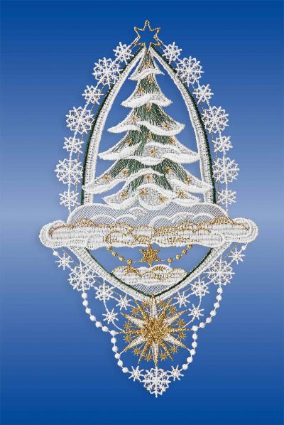 Plauener Spitze Fensterbilder zu Weihnachten Tannenbaum im Schnee