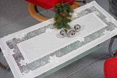 Plauener Spitze Tischläufer zu Weihnachten 40x90 cm silber
