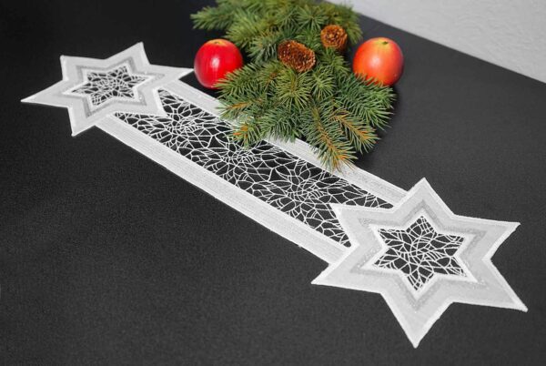plauener spitze tischband weihnachten classic 16×59 cm silber